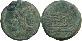 Anonymous sextantal series. AE As, after 211 BC. Obv. Laureate head of Janus; above, I. Rev. Prow right; above, I. Cr. 56/2. AE. 31.50 g. 32.00 mm. Lo...