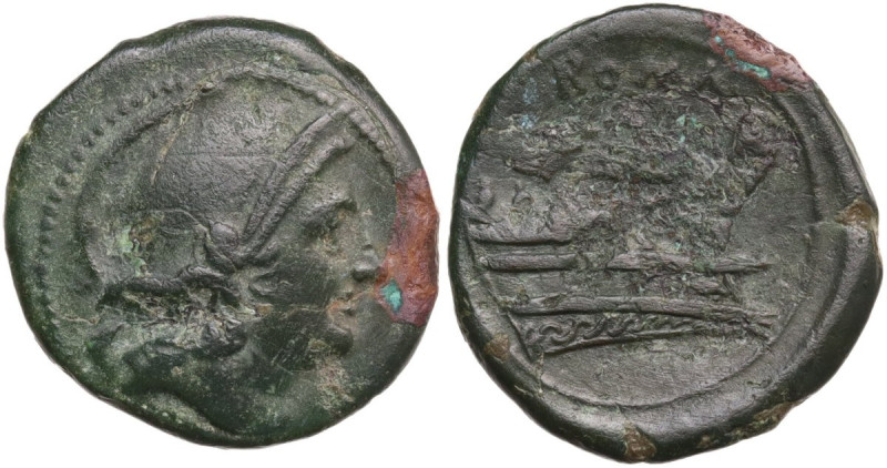 Anonymous (after 211 BC). AE Uncia. Obv. Helmeted head of Roma right, [pellet be...