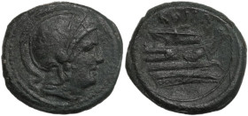 Anonymous (after 211 BC). AE Uncia. Obv. Helmeted head of Roma right, [pellet behind]. Rev. Prow right, [pellet below], ROMA above. Cr. 56/7. AE. 3.50...