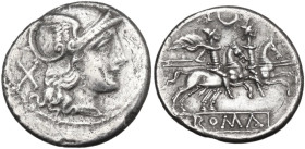 Crescent series. Denarius, uncertain Campanian mint (Capua?), 207 BC. Obv. Helmeted head of Roma right; behind, X. Rev. The Dioscuri galloping right; ...