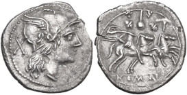 Apex and hammer series. Denarius, uncertain Campanian mint (Castra Claudiana?), 212 BC. Obv. Helmeted head of Roma right (helmet with curving visor); ...