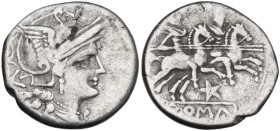 Star series. Denarius, uncertain Campanian mint (Capua?), 204 BC. Obv. Helmeted head of Roma right; behind, X. Rev. The Dioscuri galloping right; belo...