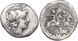 Rostrum tridens series. AR Denarius, uncertain Campanian mint (Capua?), 204 BC. Obv. Helmeted head of Roma right; behind, X. Rev. The Dioscuri gallopi...