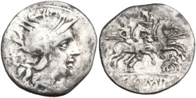 Bull butting left series. Denarius, uncertain Spanish mint (Tarraco?), 202 BC. Obv. Helmeted head of Roma right; behind, X. Rev. The Dioscuri gallopin...