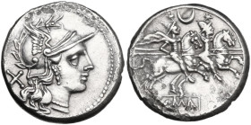 Crescent, second series. Denarius, 204 BC. Obv. Helmeted head of Roma right; behind, X. Rev. The Dioscuri galloping right; above, crescent; in linear ...