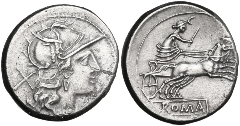 Anonymous. Denarius, 205 BC. Obv. Helmeted head of Roma right; behind, X. Rev. L...