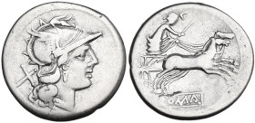 Anonymous. Denarius, 205 BC. Obv. Helmeted head of Roma right; behind, X. Rev. Luna in biga right; in linear frame, ROMA. Cr. 140/1. AR. 3.54 g. 19.50...