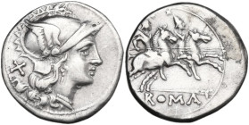 Anonymous. Denarius, main mint, 202 BC. Obv. Helmeted head of Rome right; behind, X. Rev. The Dioscuri galloping right; in two-side frame, ROMA. Cr. 1...