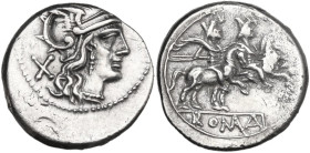 Anonymous. Denarius, main mint, 202 BC. Obv. Helmeted head of Rome right; behind, X. Rev. The Dioscuri galloping right (small horses rearing up, wide-...