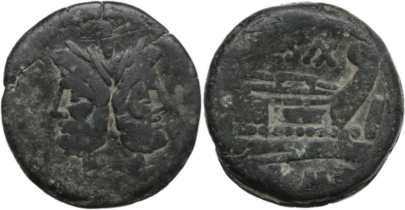 C. Cluvius Saxula. AE As, 169-158 BC. Obv. Laureate head of Janus; above, mark o...