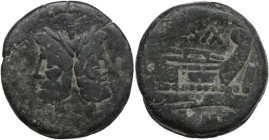 C. Cluvius Saxula. AE As, 169-158 BC. Obv. Laureate head of Janus; above, mark of value I. Rev. Prow right; above, C. SAX (AX ligate); before, mark of...