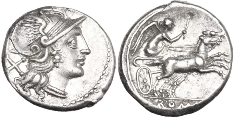 Anonymous. Denarius, 157-156 BC. Obv. Helmeted head of Roma right; behind, X. Re...