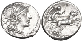 Anonymous. Denarius, 157-156 BC. Obv. Helmeted head of Roma right; behind, X. Rev. Victory in biga right, holding goad; below, ROMA (in frame). Cr. 19...