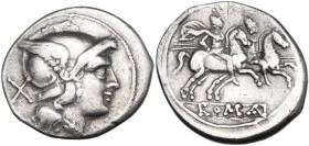 Anonymous. Denarius, 160 BC. Obv. Helmeted head of Rome right (very long visor); behind, X. Rev. The Dioscuri galloping right (rear horses); in linear...