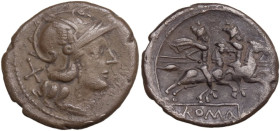 Anonymous. Denarius, main mint, 160 BC. Obv. Helmeted head of Rome right (very long visor); behind, X. Rev. The Dioscuri galloping right (rear horses)...