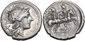 C. Scribonius. Denarius, 154 BC. Obv. Helmeted head of Roma right; behind, X. Rev. The Dioscuri galloping right; below, C·SCR; in exergue, ROMA. Cr. 2...