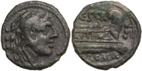 C. Scribonius. AE Quadrans, 154 BC. Obv. Head of Hercules right, wearing lion's skin; behind, three pellets. Rev. Prow right; above, C. SCR; before, t...