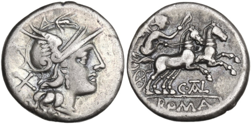 C. Thalna. Denarius, 154 BC. Obv. Helmeted head of Roma right; behind, X. Rev. V...