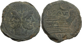 L. Saufeius. As, 152 BC. Obv. Laureate head of Janus, I (mark of value) above. Rev. Prow of galley right; crescent and L•SA(VF) above, I (mark of valu...