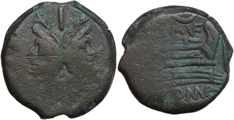 L. Saufeius. As, 152 BC. Obv. Laureate head of Janus. Rev. Prow, right. Cr. 204/...