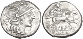 Decimius Flavus. Denarius, 150 BC. Obv. Helmeted head of Roma right; behind, X. Rev. Victory in biga right; below, FLAVS; in exergue or in linear fram...