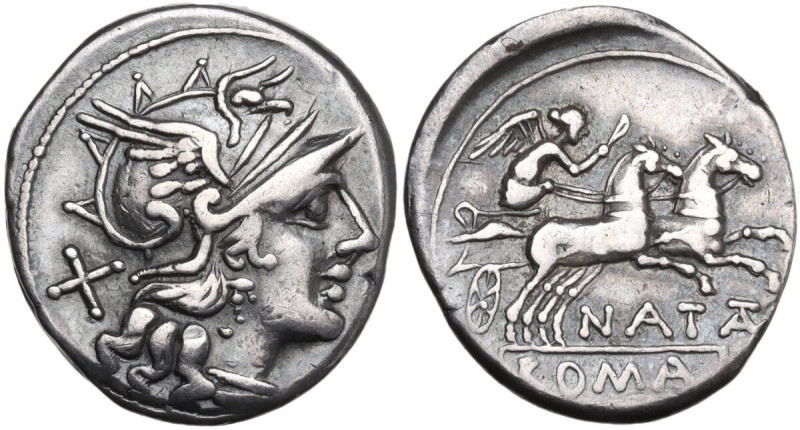 Pinarius Natta. Denarius, 149 BC. Obv. Helmeted head of Roma right; behind, X. R...