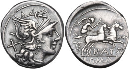 Pinarius Natta. Denarius, 149 BC. Obv. Helmeted head of Roma right; behind, X. Rev. Victory in biga right; below, NATTA (TA ligate); in exergue or in ...