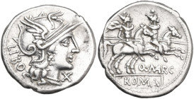 Q. Marcius Libo. Denarius, Rome mint, 148 BC. Obv. Helmeted head of Roma right; on the left, LIBO; on the right, X. Rev. The Dioscuri galloping right;...
