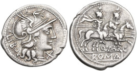 Q. Marcius Libo. Denarius, Rome mint, 148 BC. Obv. Helmeted head of Roma right; on the left, LIBO; on the right, X. Rev. The Dioscuri galloping right;...