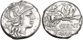 C. Renius. AR Denarius, 138 BC. Obv. Helmeted head of Roma right, X behind. Rev. Juno Caprotina in biga of goats right, C. REN[I] below goats, ROMA in...