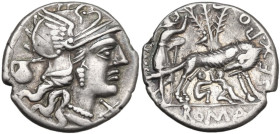 Sex. Pompeius Fostlus. Denarius, 137 BC. Obv. Helmeted head of Roma right; behind, jug; below chin, X. Rev. She-wolf suckling twins; behind, ficus Rum...