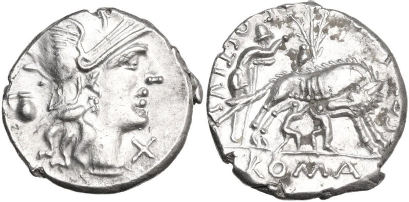 Sex. Pompeius Fostlus. Denarius, 137 BC. Obv. Helmeted head of Roma right; behin...