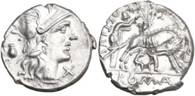 Sex. Pompeius Fostlus. Denarius, 137 BC. Obv. Helmeted head of Roma right; behind, jug; below chin, X. Rev. She-wolf suckling twins; behind, ficus Rum...