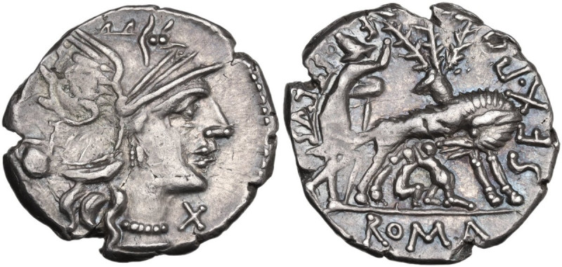 Sex. Pompeius Fostlus. AR Denarius, 137 BC. Obv. Helmeted head of Roma right; be...