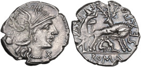 Sex. Pompeius Fostlus. AR Denarius, 137 BC. Obv. Helmeted head of Roma right; below chin, X; behind, jug. Rev. SEX. PO FOSTLVS. She-wolf suckling twin...