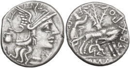 Sex. Pompeius Fostlus. Denarius, 137 BC. Obv. Helmeted head of Roma right; behind, jug; below chin, X. Rev. She-wolf suckling twins; behind, ficus Rum...