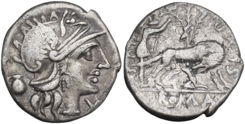 Sex. Pompeius Fostlus. Denarius, 137 BC. Obv. Helmeted head of Roma right; behin...