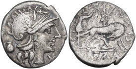 Sex. Pompeius Fostlus. Denarius, 137 BC. Obv. Helmeted head of Roma right; behind, jug; below chin, X. Rev. She-wolf suckling twins; behind, ficus Rum...