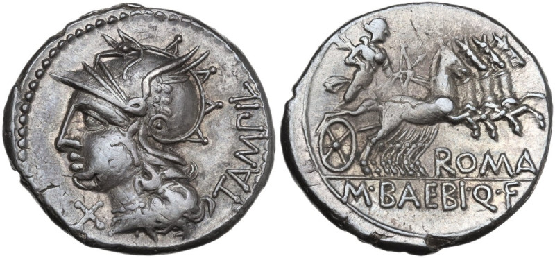 M. Baebius Q. f. Tampilus. Denarius, 137 BC. Obv. Helmeted head of Roma left wit...