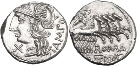 M. Baebius Q. f. Tampilus. Denarius, 137 BC. Obv. Helmeted head of Roma left with necklace of beads; behind, TAMPIL; below chin, X. Rev. Apollo in qua...