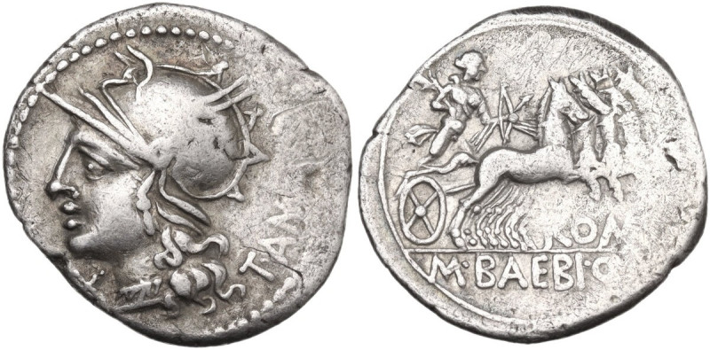 M. Baebius Q. f. Tampilus. AR Denarius, 137 BC. Obv. Helmeted head of Roma left,...