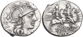 Cn. Lucretius Trio. Denarius, 136 BC. Obv. Helmeted head of Roma right; behind, TRIO; below chin, X. Rev. The Dioscuri galloping right; below, CN·LVCR...