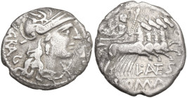 L. Antestius Gragulus. AR Denarius, 136 BC. Obv. Helmeted head of Roma right; below chin, barred X; behind, GRAG. Rev. Jupiter in fast quadriga right,...