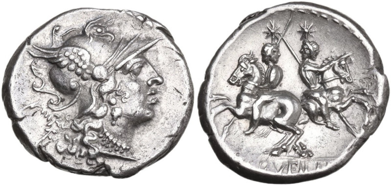 C. Servilius M.f. AR Denarius, 136 BC. Obv. Helmeted head of Roma right; behind,...