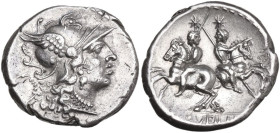 C. Servilius M.f. AR Denarius, 136 BC. Obv. Helmeted head of Roma right; behind, wreath and barred X; below, ROMA. Rev. The Dioscuri galloping in the ...