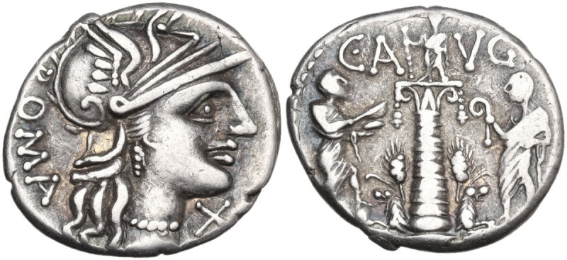 C. Minucius Augurinus. AR Denarius, 135 BC. Obv. Helmeted head of Roma right; be...