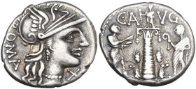 C. Minucius Augurinus. AR Denarius, 135 BC. Obv. Helmeted head of Roma right; behind, ROMA; below chin, X. Rev. Ionic column surmounted by statue, hol...