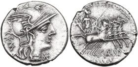 C. Aburius Geminus. Denarius, 134 BC. Obv. Helmeted head of Roma right; behind, GEM; on the right, barred X. Rev. Mars in quadriga right; below, C·ABV...