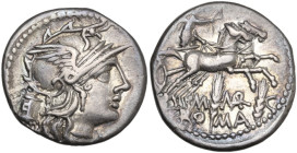 M. Marcius Mn. f. Denarius, 134 BC. Obv. Helmeted head of Roma right; behind, modius; below chin, barred X. Rev. Victory in biga right; below, M·MARC/...