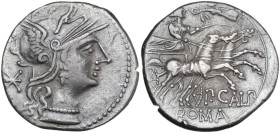 Publius Calpurnius. Denarius, 133 BC. Obv. Helmeted head of Roma right; behind, barred X. Rev. Goddess (Venus?) in biga right, crowned Victory who fli...